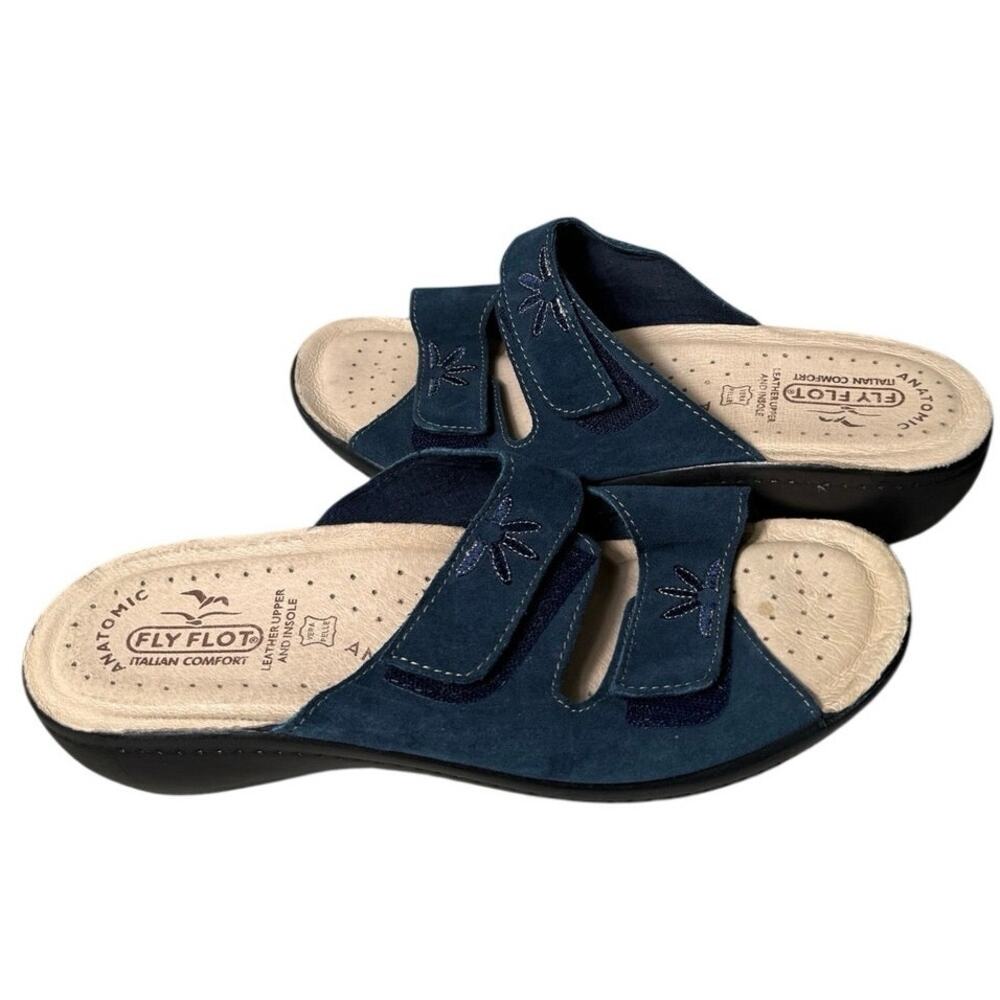 Fly Flot Blue Leather Mackie Double Strap Sandal Floral Anatomic Italian Comfort